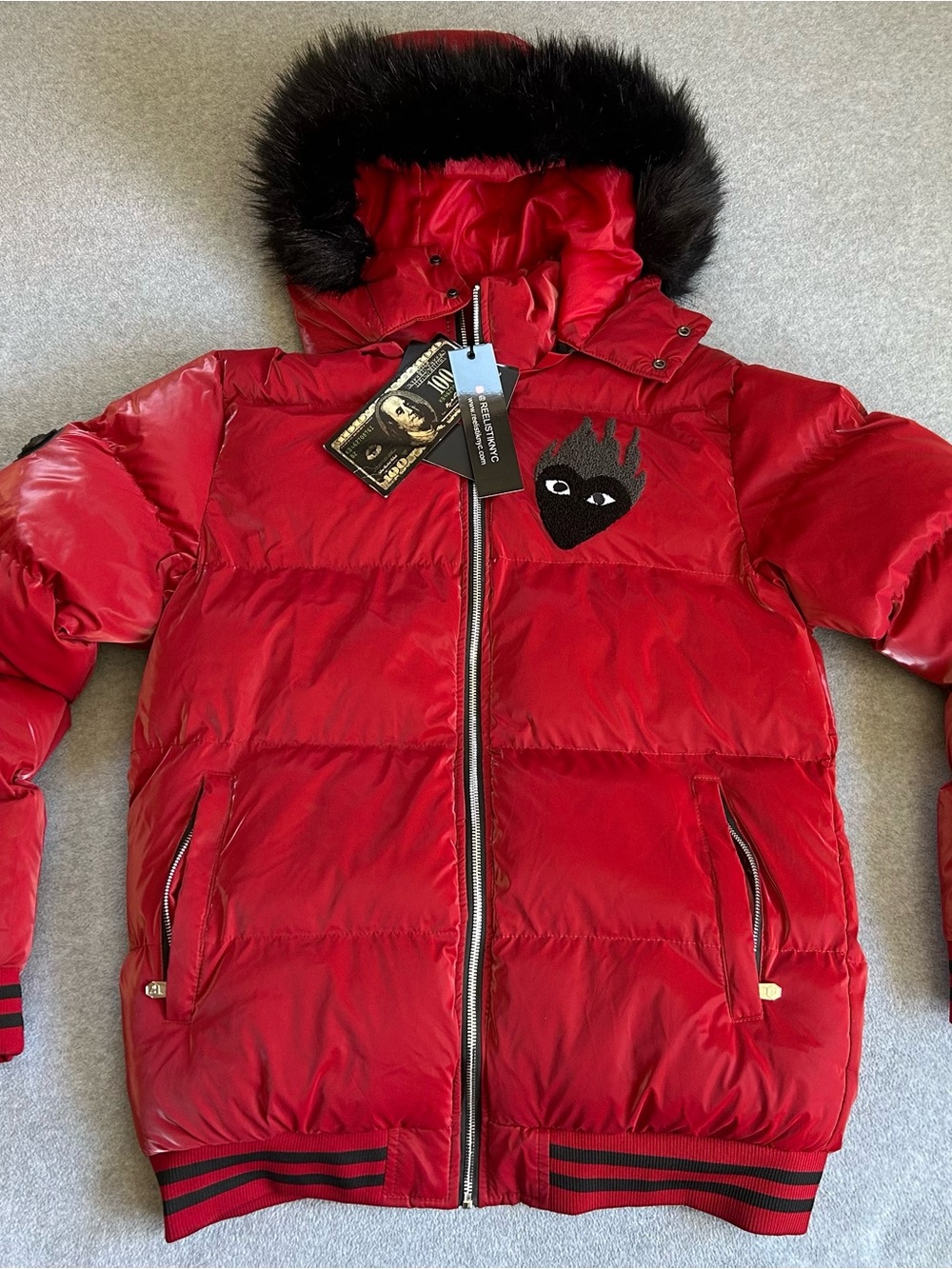 Reelistik NYC Drip Flaming Heart Black Red Puffer Jacket, Streetwear ,hood NWT